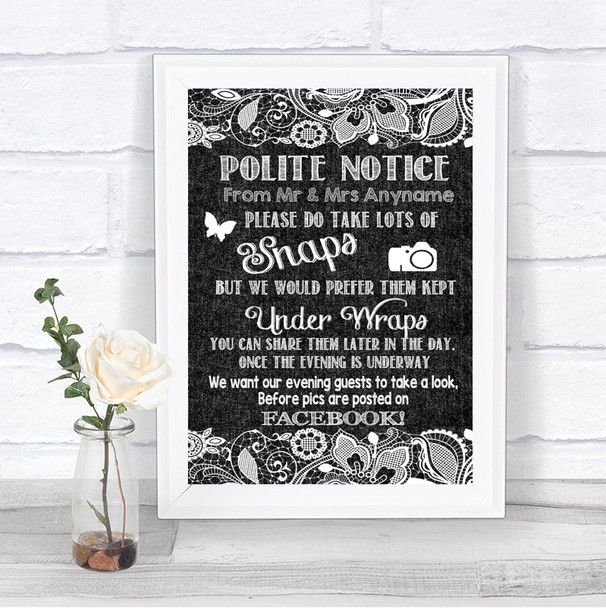Dark Grey Burlap & Lace Don't Post Photos Facebook Personalized Wedding Sign