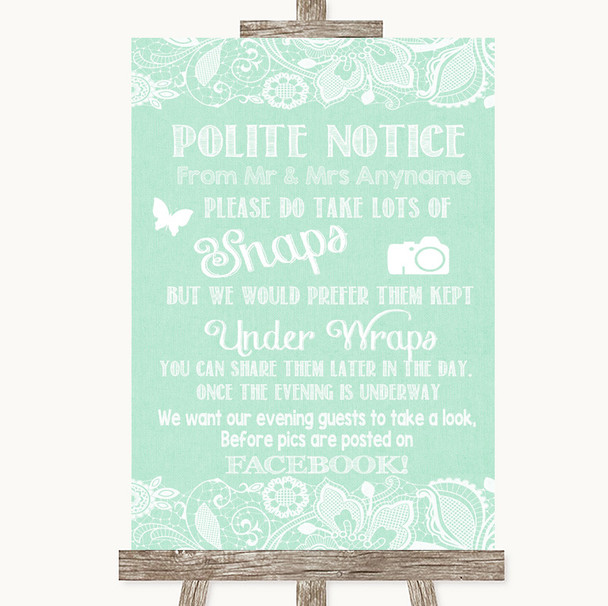 Green Burlap & Lace Don't Post Photos Facebook Personalized Wedding Sign