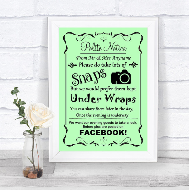 Green Don't Post Photos Facebook Personalized Wedding Sign