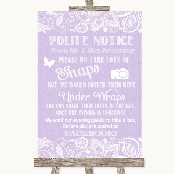 Lilac Burlap & Lace Don't Post Photos Facebook Personalized Wedding Sign