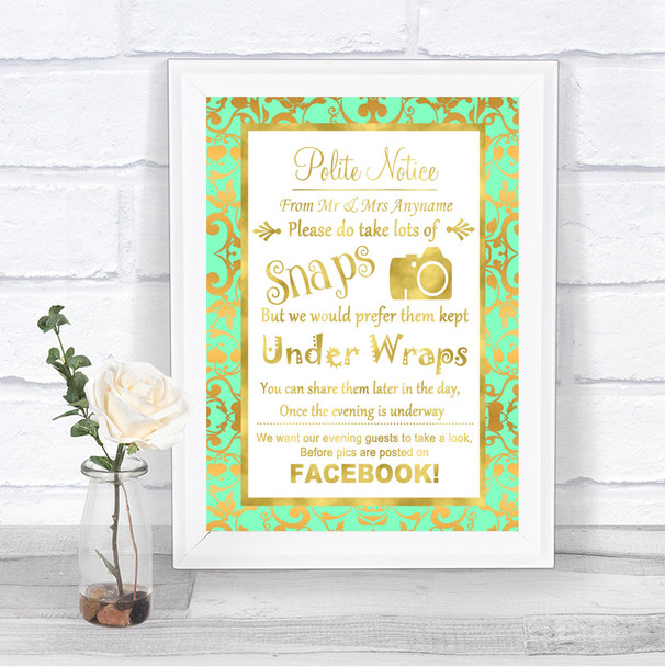 Mint Green & Gold Don't Post Photos Facebook Personalized Wedding Sign