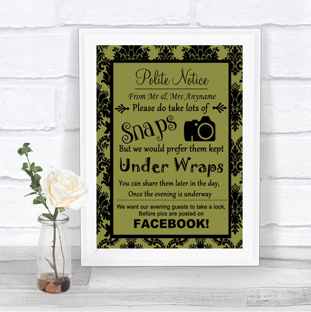 Olive Green Damask Don't Post Photos Facebook Personalized Wedding Sign