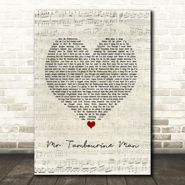 Bob Dylan Mr Tambourine Man Script Heart Song Lyric Music Print