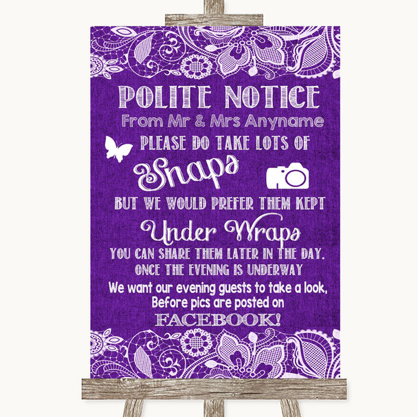 Purple Burlap & Lace Don't Post Photos Facebook Personalized Wedding Sign