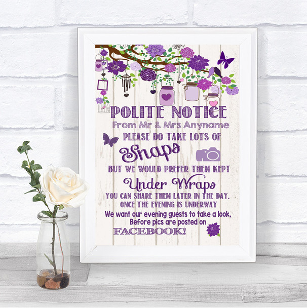 Purple Rustic Wood Don't Post Photos Facebook Personalized Wedding Sign