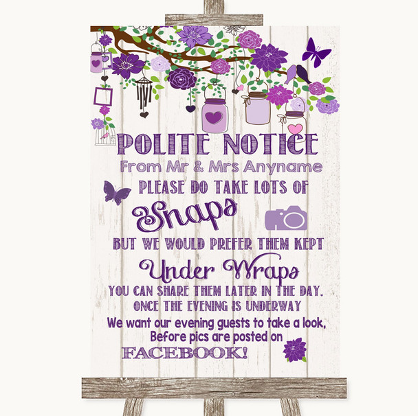 Purple Rustic Wood Don't Post Photos Facebook Personalized Wedding Sign