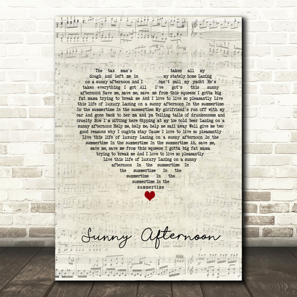 The Kinks Sunny Afternoon Script Heart Song Lyric Music Print