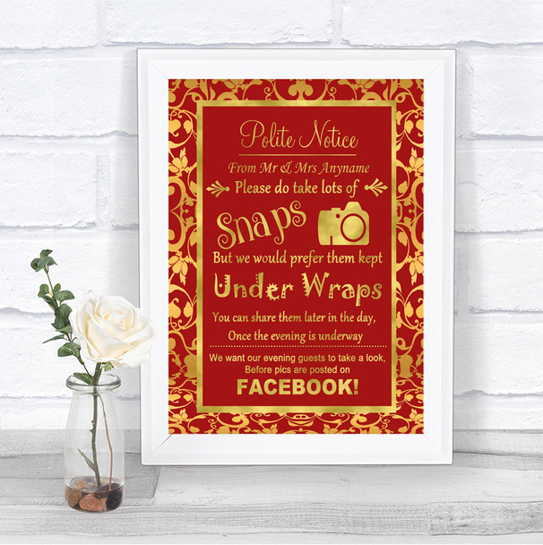 Red & Gold Don't Post Photos Facebook Personalized Wedding Sign