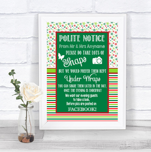 Red & Green Winter Don't Post Photos Facebook Personalized Wedding Sign