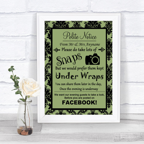 Sage Green Damask Don't Post Photos Facebook Personalized Wedding Sign