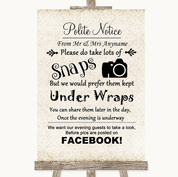 Shabby Chic Ivory Don't Post Photos Facebook Personalized Wedding Sign