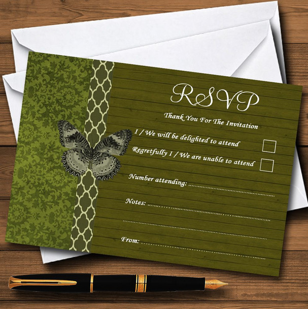 Rustic Vintage Wood Butterfly Olive Green Personalized RSVP Cards