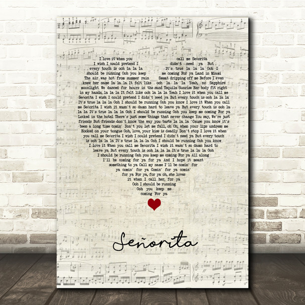 Shawn Mendes & Camila Cabello Señorita Script Heart Song Lyric Music Print