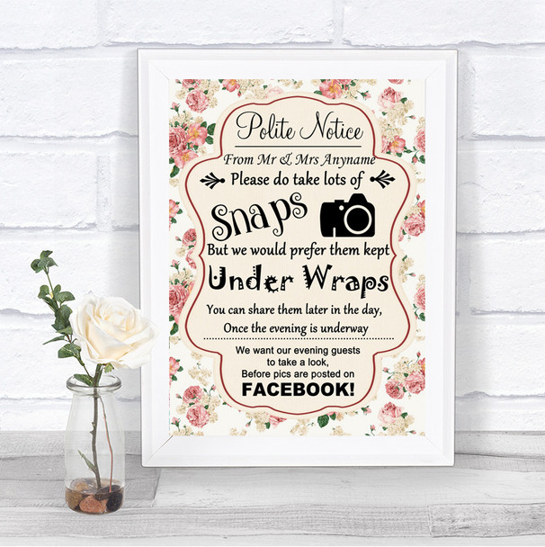 Vintage Roses Don't Post Photos Facebook Personalized Wedding Sign