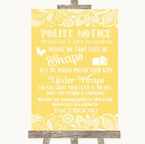 Yellow Burlap & Lace Don't Post Photos Facebook Personalized Wedding Sign