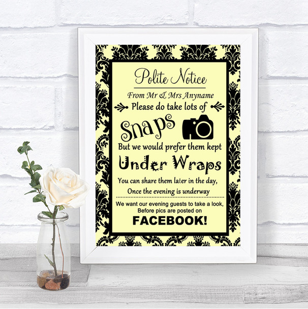 Yellow Damask Don't Post Photos Facebook Personalized Wedding Sign