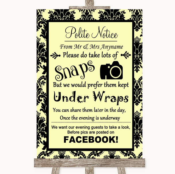 Yellow Damask Don't Post Photos Facebook Personalized Wedding Sign