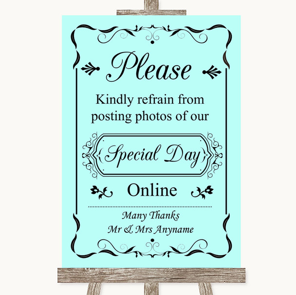 Aqua Don't Post Photos Online Social Media Personalized Wedding Sign