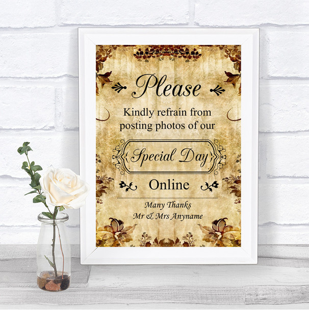 Autumn Vintage Don't Post Photos Online Social Media Personalized Wedding Sign