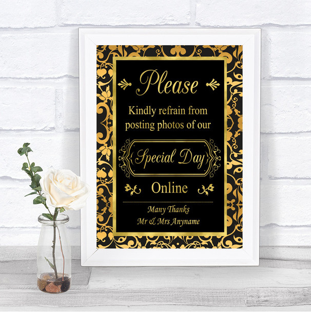 Black & Gold Damask Don't Post Photos Online Social Media Wedding Sign