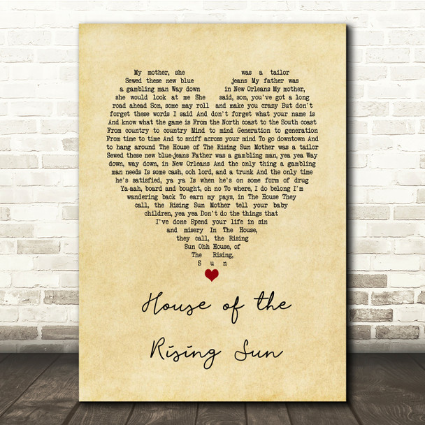 The Animals House of the Rising Sun Vintage Heart Song Lyric Music Print