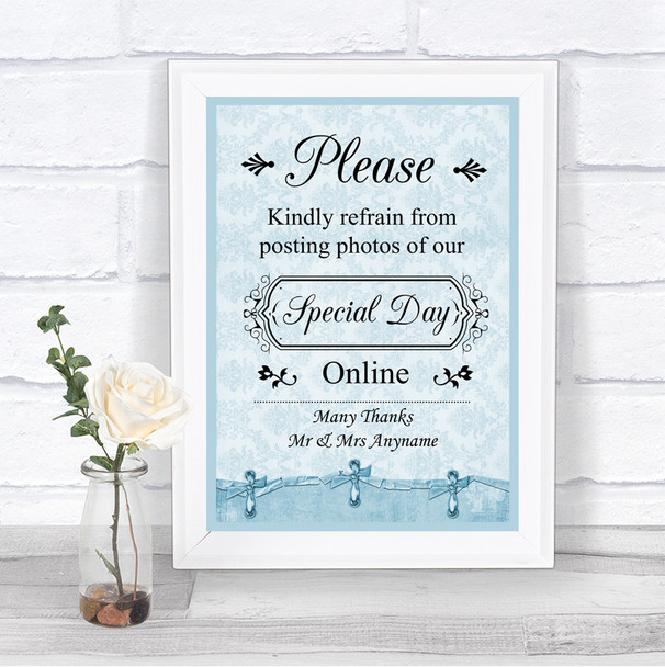 Blue Shabby Chic Don't Post Photos Online Social Media Personalized Wedding Sign