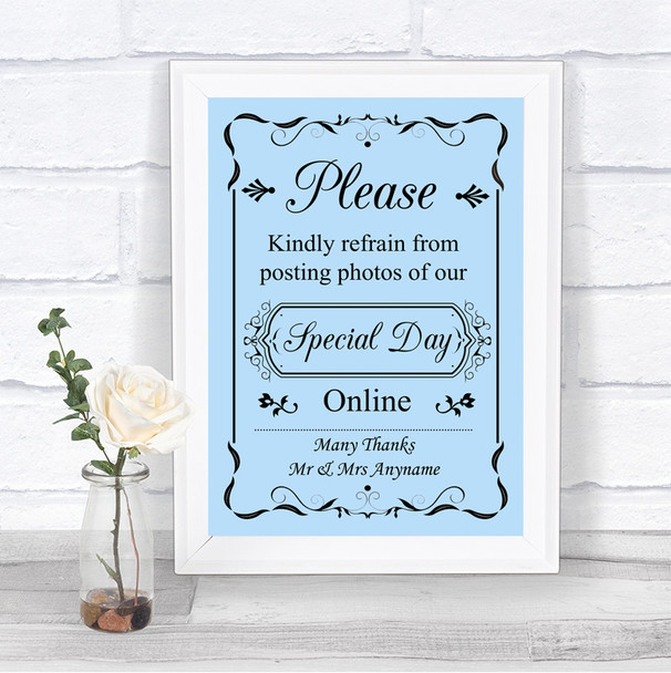 Blue Don't Post Photos Online Social Media Personalized Wedding Sign