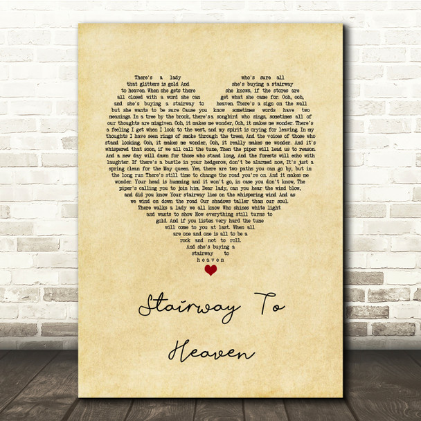 Led Zeppelin Stairway To Heaven Vintage Heart Song Lyric Music Print
