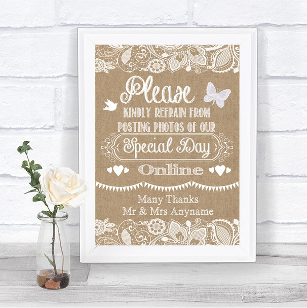 Burlap & Lace Don't Post Photos Online Social Media Personalized Wedding Sign