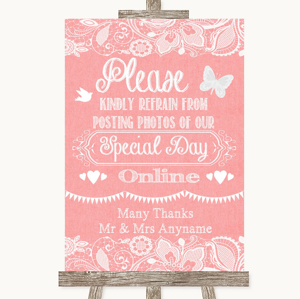 Coral Burlap & Lace Don't Post Photos Online Social Media Wedding Sign