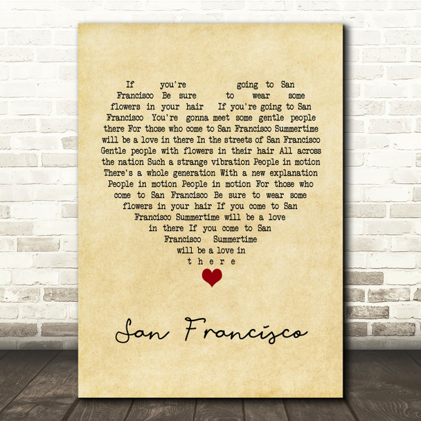 Scott McKenzie San Francisco Vintage Heart Song Lyric Music Print