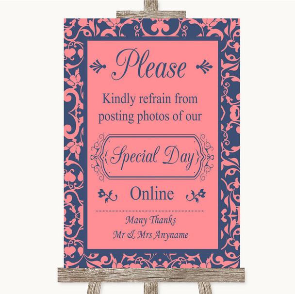 Coral Pink & Blue Don't Post Photos Online Social Media Wedding Sign