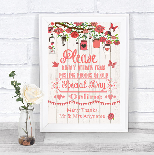 Coral Rustic Wood Don't Post Photos Online Social Media Wedding Sign