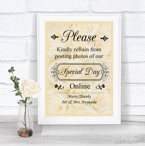 Cream Roses Don't Post Photos Online Social Media Personalized Wedding Sign