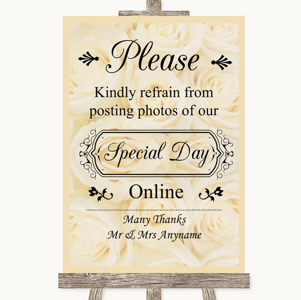 Cream Roses Don't Post Photos Online Social Media Personalized Wedding Sign