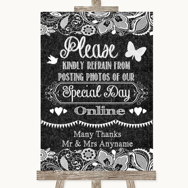 Dark Grey Burlap & Lace Don't Post Photos Online Social Media Wedding Sign