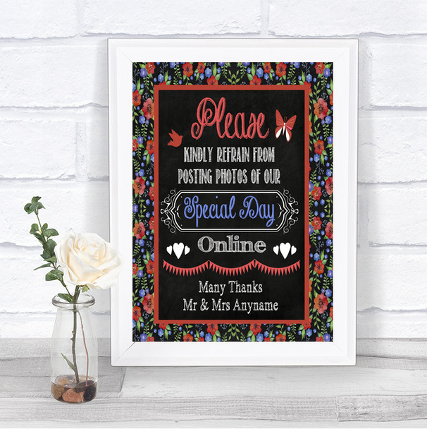 Floral Chalk Don't Post Photos Online Social Media Personalized Wedding Sign