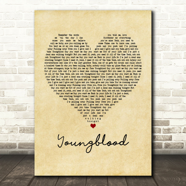 5 Seconds Of Summer Youngblood Vintage Heart Song Lyric Music Print