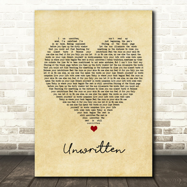 Natasha Bedingfield Unwritten Vintage Heart Song Lyric Music Print