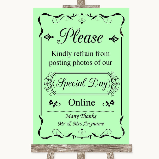Green Don't Post Photos Online Social Media Personalized Wedding Sign