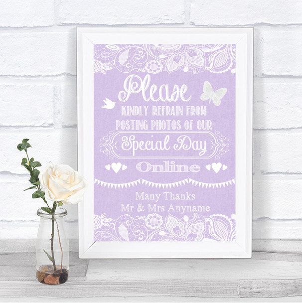 Lilac Burlap & Lace Don't Post Photos Online Social Media Wedding Sign