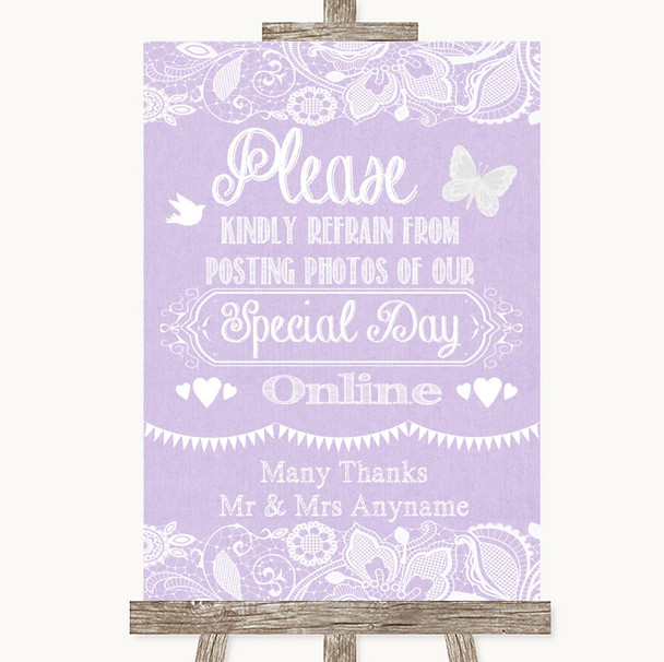 Lilac Burlap & Lace Don't Post Photos Online Social Media Wedding Sign