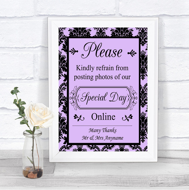 Lilac Damask Don't Post Photos Online Social Media Personalized Wedding Sign