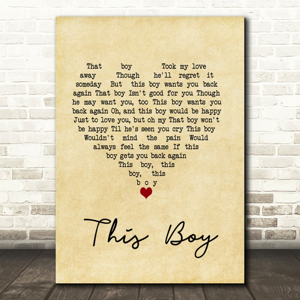 The Beatles This Boy Vintage Heart Song Lyric Music Print