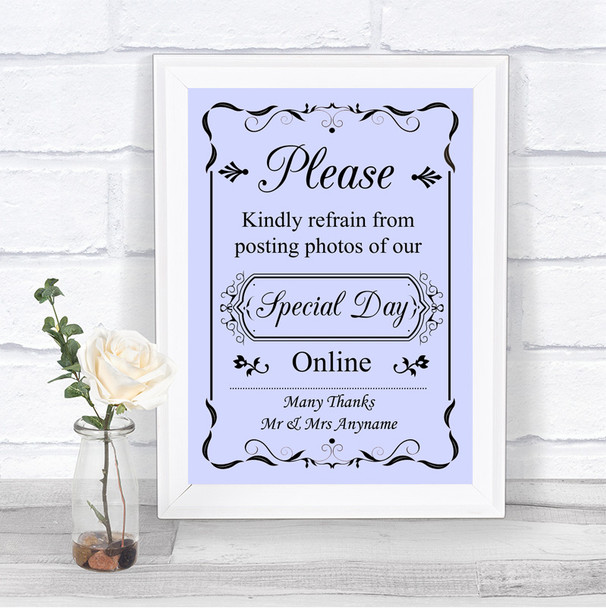 Lilac Don't Post Photos Online Social Media Personalized Wedding Sign