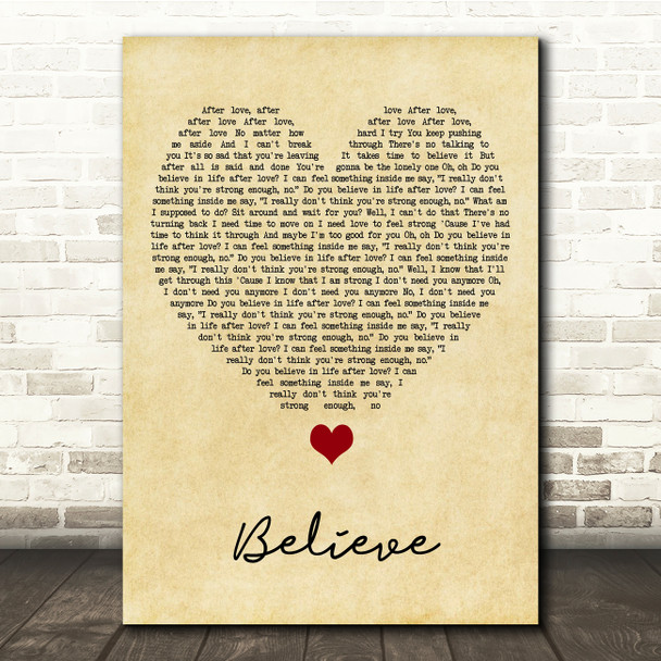 Cher Believe Vintage Heart Song Lyric Music Print