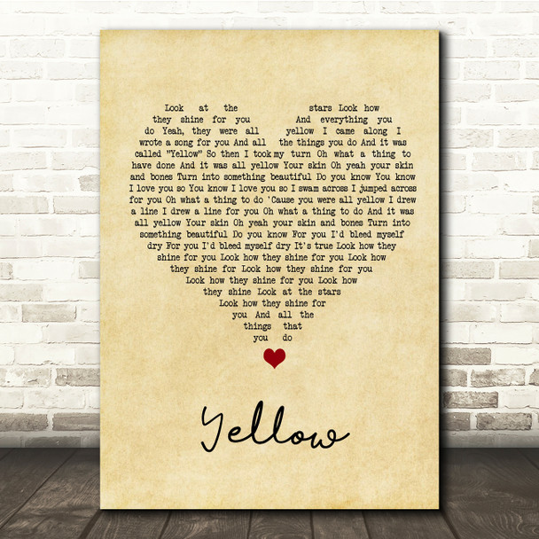 Coldplay Yellow Vintage Heart Song Lyric Music Print