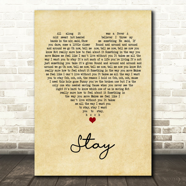 Rihanna ft. Mikky Ekko Stay Vintage Heart Song Lyric Music Print