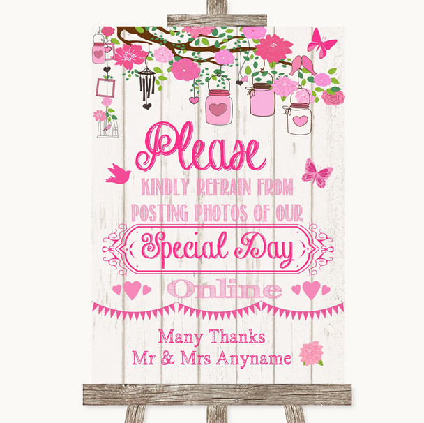 Pink Rustic Wood Don't Post Photos Online Social Media Personalized Wedding Sign