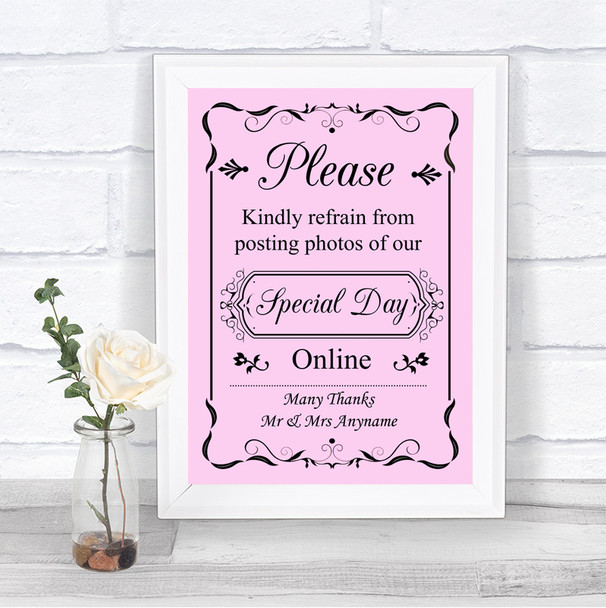 Pink Don't Post Photos Online Social Media Personalized Wedding Sign